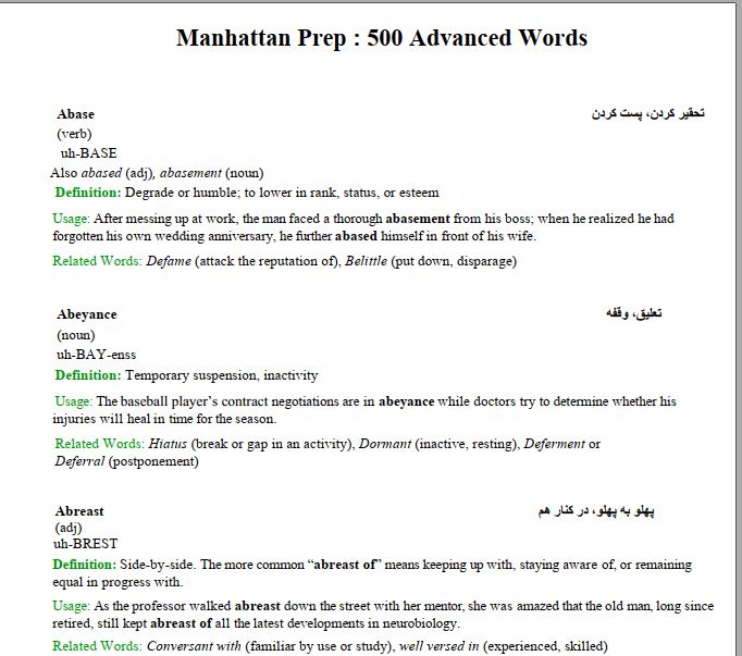 دانلود ترجمه لغات پیشرفته منهتن (Manhattan) برای GRE 2021